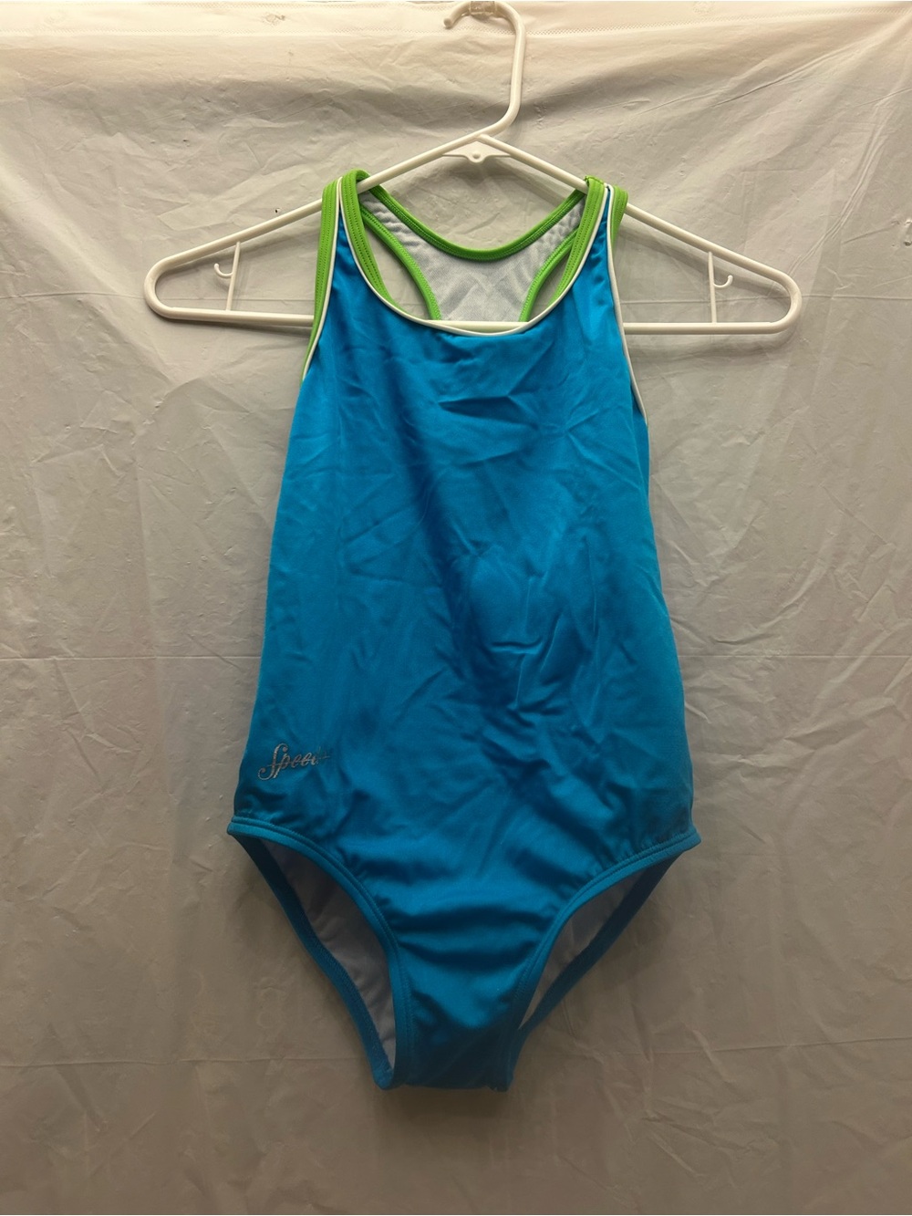 Speedo Girl’s Blue One-Piece Swimsuit with Lime Trim Sz 14 NWWT